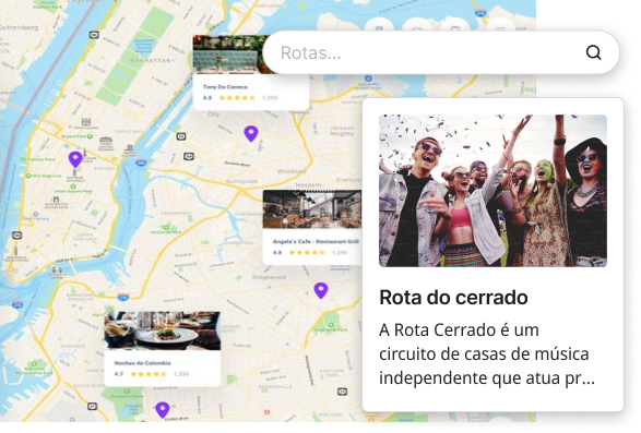 Mapa com busca e card da localidade selecionada